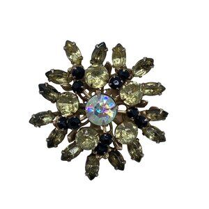 Uranium Glass Vintage Brooch Gold Black Aurora Borealis Brooch Pin Gold Tone